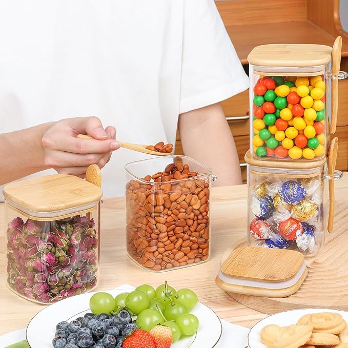 ComSaf 27oz Glass Jars with Bamboo Lids & Spoons Set of 4, Square Glass Containers with Lids, Sugar Coffee Containers Salt Spice Jars, Pantry Storage Container for Loose Tea, Candy, Brown Sugar, Nuts