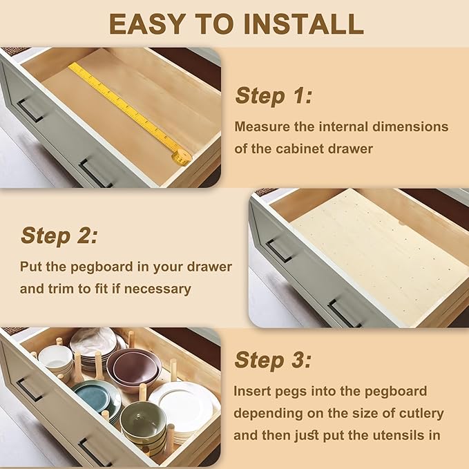 Sammery 24''x21'' Pegboard Drawer Organizer, Trimmable Peg Board Divider for Kitchen Drawer, Wooden Peg Board Organizer for Utensil Storage, Plates & Dishes Rack, 12 pcs Pegs