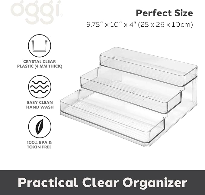 Oggi 3 Tier Spice Organizer & Pantry Storage- For Shelf, Kitchen Cabinet, Spice Rack, Pantry Organization and Storage, Clear Shelves