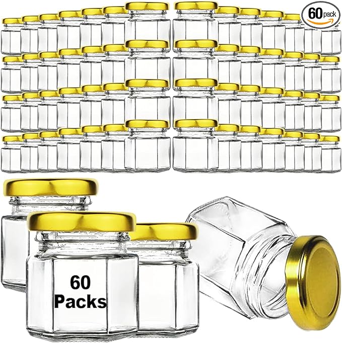 60 Pcs Small Glass Containers with Airtight Lids, 1.5 oz Mini Honey Jars for Wedding Favor, Baby Shower, Small Hexagon Candle Jars for Making Candles, Body Butter, Jam, Spices, Herbs, DIY Gift
