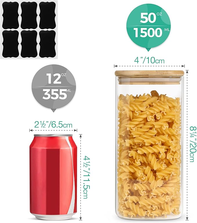 ComSaf Airtight Glass Storage Canister with Wood Lid (51 oz), Clear Food Storage Container Jar with Sealing Lids for Oat Pasta Flour Cereal Rice Sugar Tea Coffee Beans, Set of 3 Square Cookie Jar