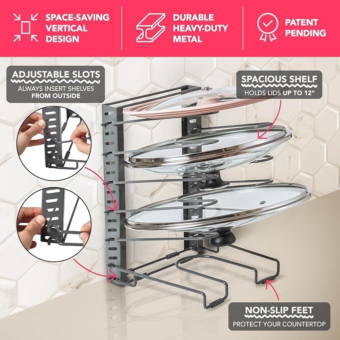 BTH Adjustable Pot Lid Organizer for Cabinet - Kitchen Storage Rack with 6 Adjustable Shelves, Pot Lid Holder, Pan and Pot Rack Organizer, Perfect for Pantry & Inside Cabinet Organizer