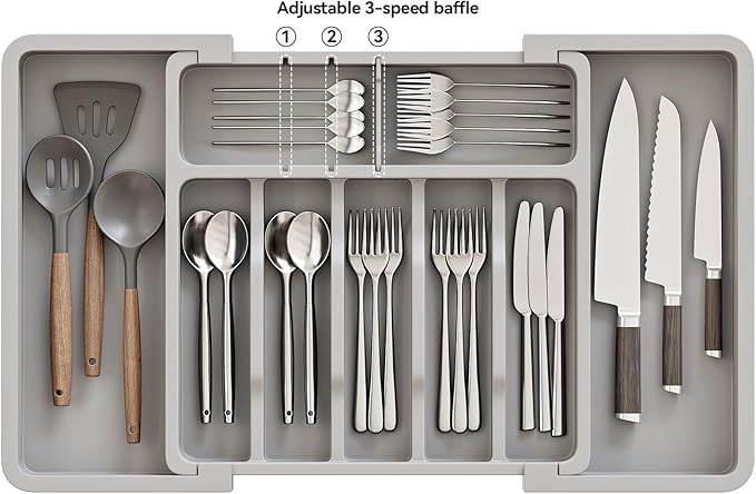 2 Pack Silverware Organizer, Expandable and Adjustable Kitchen Utensil Drawer Organizer, Plastic Cutlery Holder with Multiple Compartments,Cutlery Holder,for Spoons Forks Knives,Grey,UAFD012G