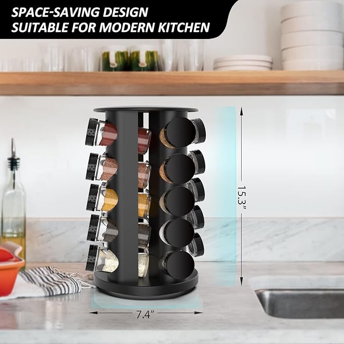 Black Rotating Spice Rack Organizer with Jars(20Pcs), Seasoning Organizer for Cabinet, Kitchen Spice Racks for Countertop, Revolving Stainless Steel Spice Organizer