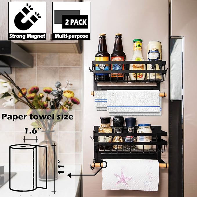 Sleclean Magnetic Spice Rack Organizer for Refrigerator, 2 Pack, Magnetic Paper Towel Holder, Kitchen Magnetic Shelf,11.8"x4.5"x6.3",Black