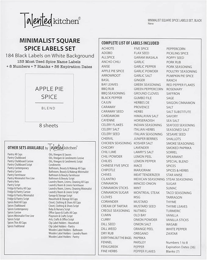 Talented Kitchen 184 Spice Labels & Stickers for Herbs - Water-Resistant Preprinted White Jar Labels for Pantry Organization, Minimalist Black Text, Numbers & Dates