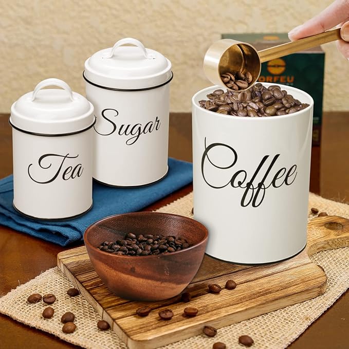3-Piece Country Kitchen Canisters, Vintage Tea Sugar Coffee Canister Set, Rustic Farmhouse Metal Food Storage Tins for Coffee, Sugar, Tea, for Kitchen Countertop, White