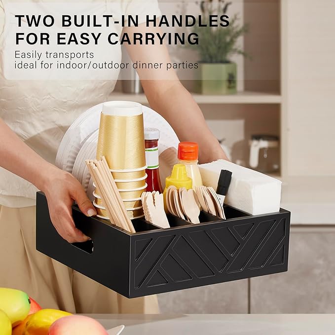 Paper Plate Dispenser-Wood Utensil Holder for Party-Paper Plate Organizer for Countertop-Wood Silverware Caddy with 7 Compartments,Spoonpicnic Caddy for Plates and Utensils-Black…