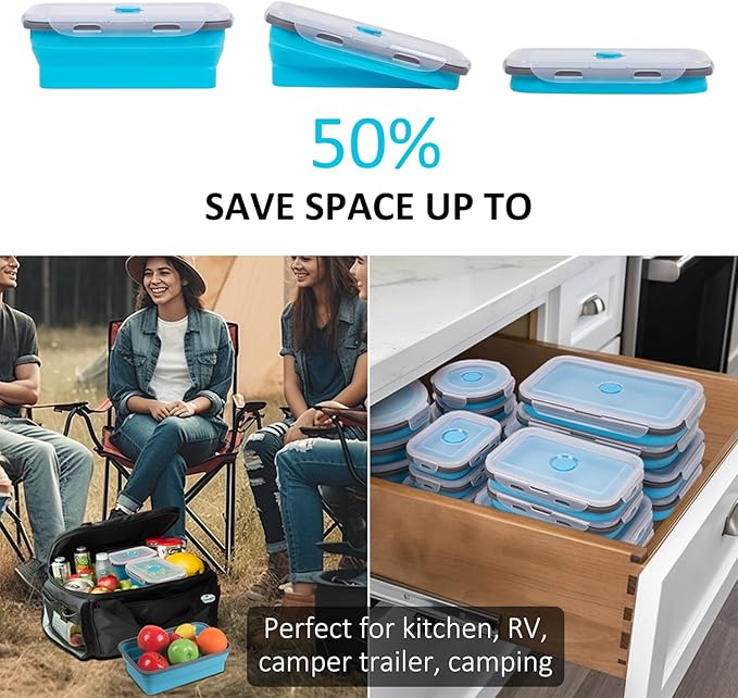 Collapsible Food Storage Containers with Lids 20 Pack(81oz/58oz Extra Large Included), 12 Rectangular+8 Round, Annaklin Silicone Collapsible Food Containers Sets Microwave Freezer Dishwasher Safe Blue