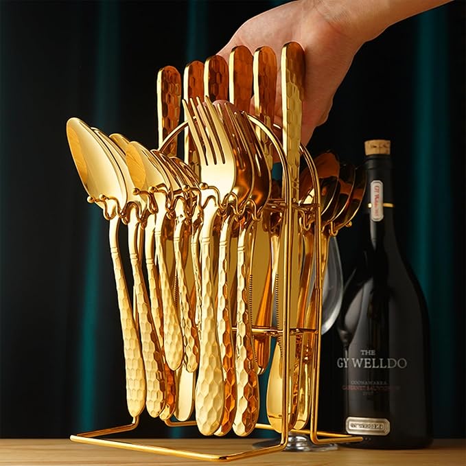 24 Piece Gold Silverware Set with Hanging holder-Service for 6,Stainless Steel Flatware Cutlery Set-Fork Spoon and Knife,Mirror Polished,Dishwasher Safe,Kitchen Utensil Tableware Set,Golden
