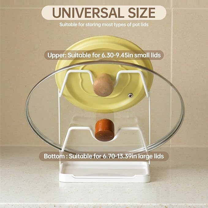 Pot Lid Holder, 2 Tier Pan Lid Holders While Cooking, Lid and Spoon Rest for Kitchen Counter, Pot Lid Organizer Stand with Drip Tray, Pot Lid Rack Kitchen Utensil Holder Rest, White