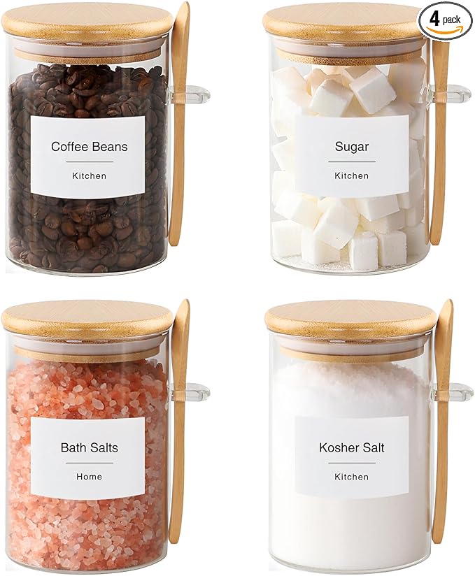 Sugar Jar Bath Salt Container – 17 oz Glass Jar with Bamboo Lid and Spoon, Sugar Cube Holder and Canister for Countertop, Glass Containers for Coffee Beans, Tea and Overnight Oats (4 Pack)