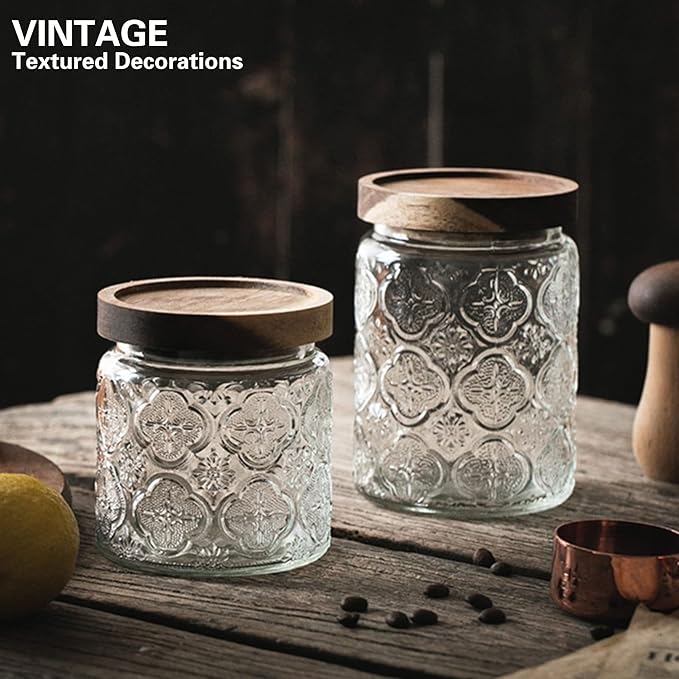 Glass Jar with Lid,4 PCS Airtight Glass Food Storage Container Set,Square Clear Glass Jars Wide Mouth Food Storage Canister with Wooden Lid for Sugar Coffee Beans Tea Spice Oats Snacks (450ML)