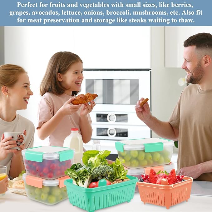 shopwithgreen 50oz Berry Keeper Fruit Storage Container for Fridge, Fresh Food Produce Saver Containers with Removable Drain Colanders and Lid, Vegetable Lettuce Keeper Bowl for Refrigerator Organizer