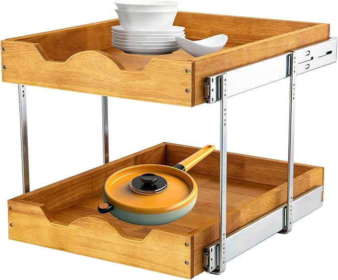 DINDON 2 Tier Wood Pull Out Cabinet Organizer (17" W x 18" D) Heavy-Duty Metal Sliding Drawer Shelf, Two Tier Pull Out Shelves for Kitchen Cabinets, Pantry, Bathroom…