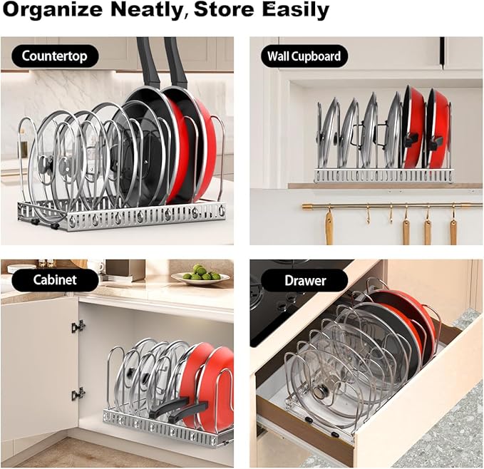 Pot and Pan Organizer Rack for Cabinet, Pot Lid Organizer with 7 Adjustable Dividers, Pan Holder Storage Rack for Kitchen Cabinet, Silver
