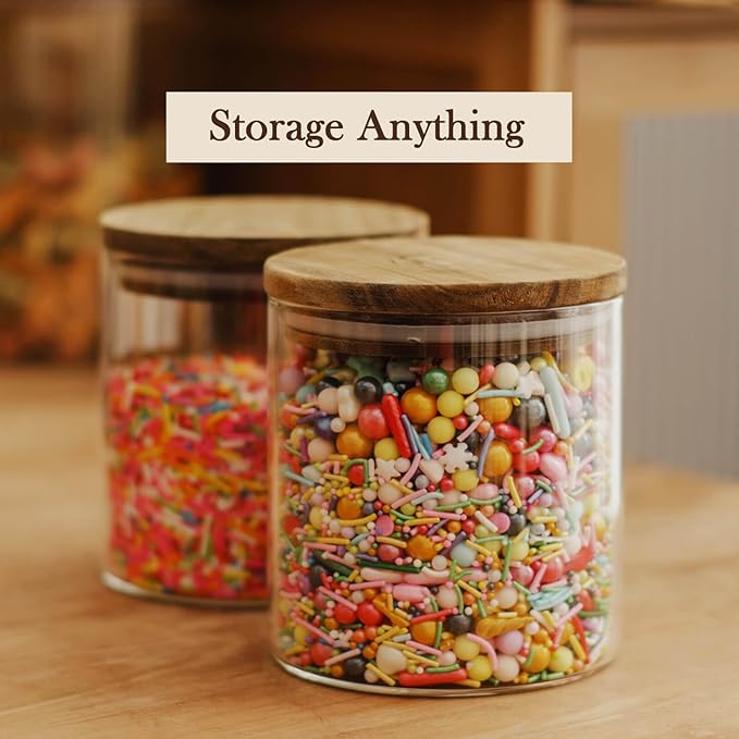 Labina Glass Storage Container Airtight Food Jars Kitchen Canister with Wood Lids, 20 Oz Wide Mouth Pantry Organization Glass Jar for Flour, Sugar, Cookie, Spagetti, Candy and Nuts (2 Pack)