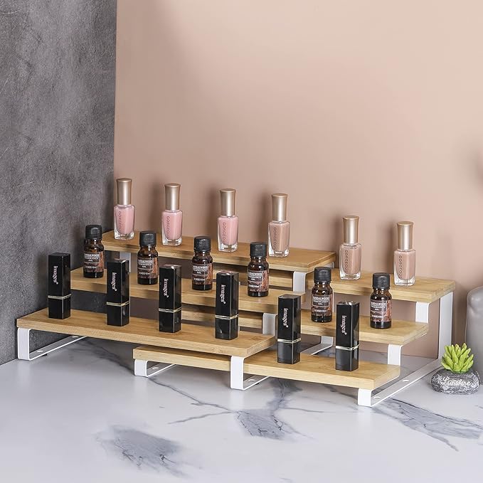 MOOACE 3 Tier Spice Rack Organizer for Cabinet, Expandable Spice Rack Seasoning Shelf Organizer for Kitchen Cabinet Countertop, Set of 4, White and Natural