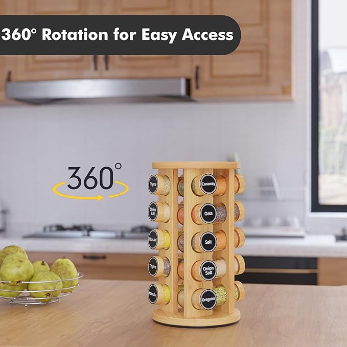 New England Stories Revolving Spice Rack Set with 20 Spice Jars, Kitchen Spice Tower Organizer for Countertop or Cabinet - Carousel Storage Includes 386 Spice Labels (Bamboo)