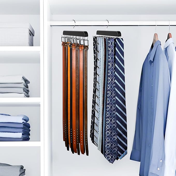 2 Pack Tie Rack & Belt Hanger 2 in 1 Tie Hanger Space Saving Max 42 Belts& 60 Ties Capacity for Closet Organizers and Storage, Sturdy Wood Belt & Tie Collection Organizer
