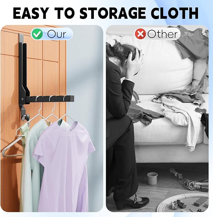 2 Packs Over The Door Hangers, Folding Over Door Hanger Hooks, Portable Space Saving Collapsible Coat Towel Racks for Bedroom Living Room Small Space Kitchen Travel Drying Storage (2Pack, Black)