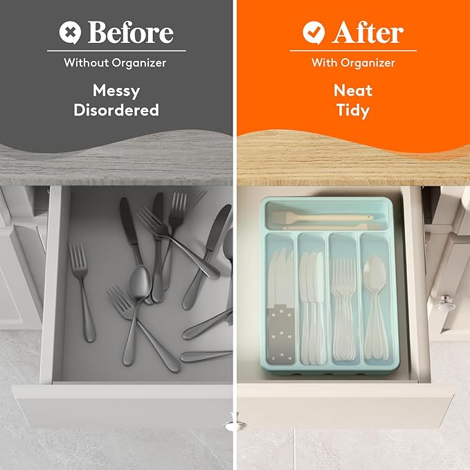 Lifewit Silverware Organizer with Lid, Covered Utensil Tray for Kitchen Drawer and Countertop, Plastic Cutlery and Flatware Storage Box for Spoons Forks Knives Holder Case, 5 Compartments, Turquoise