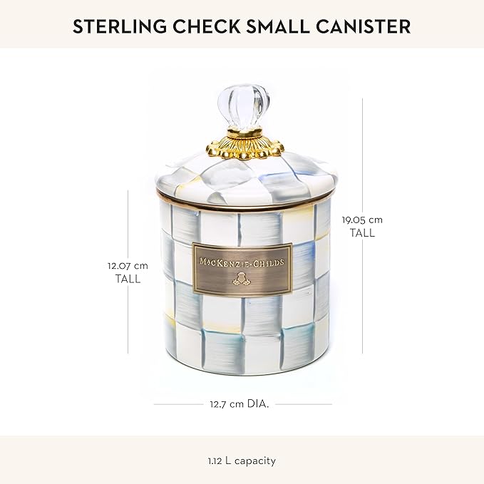 MACKENZIE-CHILDS Small Enamel Canister, Kitchen Storage Container for Flour and Sugar, 1.13 Liters, Grey-and-White Sterling Check