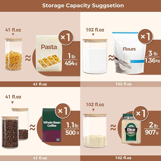 ComSaf Glass Jar with Airtight Lid (102 oz/41 oz), Glass Food Storage Container with Bamboo Lid, Clear Glass Food Canister Set of 2 for Dry food like Rice, Sugar, Flour, Pasta, Cereal, Beans, Nuts