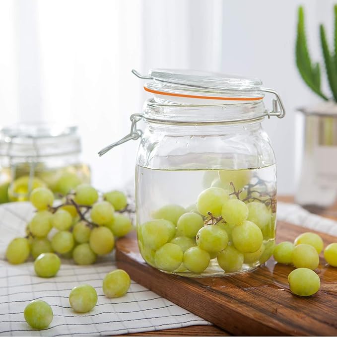 Encheng 32 oz Glass Food Storage Jars with Airtight Lids,Clear Airtight Canister with Leak Proof Rubber Gasket,1000 ml Square Large Mason Jars with Clamp Lids for Canning,Cereal,Beans,6 Pack