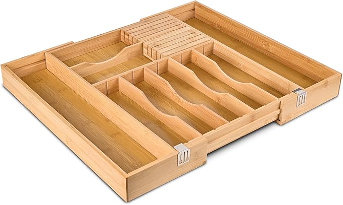 Silverware Organizer Expandable Bamboo Drawer Organizer with Non-Slip Stainless Steel Locking Clips, Kitchen Utensil Holder with Knife Block, Adjustable Cutlery Tray with Curved Grooves Dividers