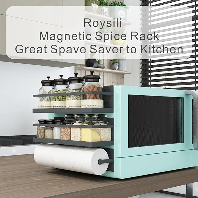 Magnetic Spice Rack for Refrigerator Magnetic Fridge Shelf for Kitchen Spice Organizer Magnetic Shelf for Fridge Space Saving Black 4 Pack with Magnetic Paper Towel Holder