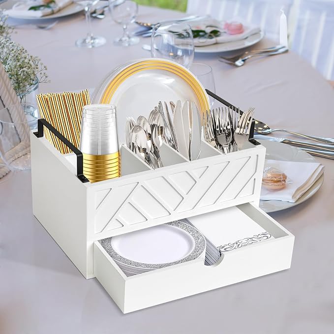 Paper Plate Dispenser with Drawer, Paper Plate Holder for Kitchen Counter, Wood Rustic Silverware Utensil Caddy, Cutlery Flatware Organizer for Cup Spoon Fork Plates Napkins, White Kitchen Accessories