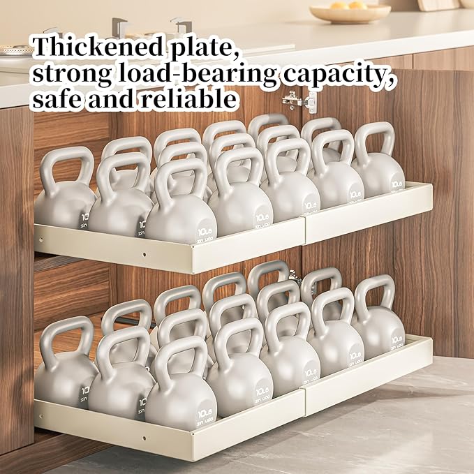 Pull Out Cabinet Organizer,Expandable(13.78''-19.69''),Strong load-bearing nano adhesive fixed metal shelf,Suitable for kitchen cabinets, sideboards, bathrooms, under sinks(16.9''Deep,White)