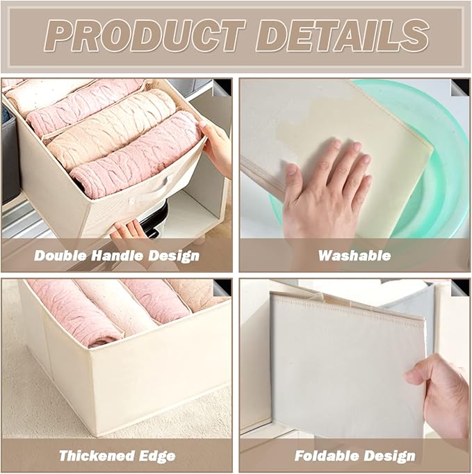 2 Packs Wardrobe Clothes Organizer, Foldable Closet Organizers Extra large 5 Grids Fabric Drawer Dividers with Double Handles for Jeans, Clothes, Pants, Sweaters, T-Shirts (Cream)