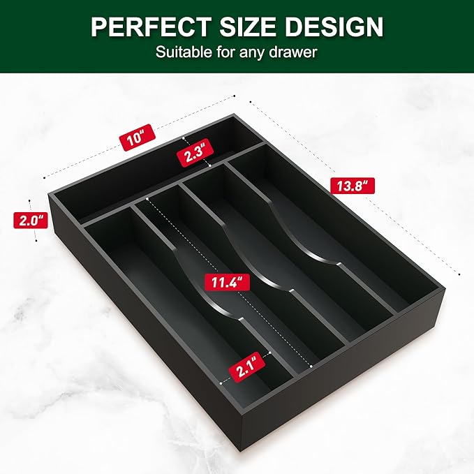Bellsal Black Utensil Organizer - 10 Inch Silverware Tray with 5 Compartment Narrow Bamboo Drawer Organizer