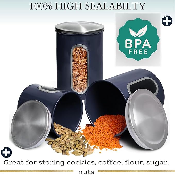 Mixpresso 3-Piece Blue Canisters Set - Airtight Coffee & Tea Organizer, Sugar Canister, Kitchen Jars with See-Through Window