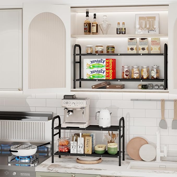 Expandable Under Sink Organizers, 2-Tier Kitchen Bathroom Cabinet Storage Counter Shelf, Shoe Storage Rack with 8 Removable Plastic Boards for Kitchen, Bathroom, Pantry, Entryway, Closet