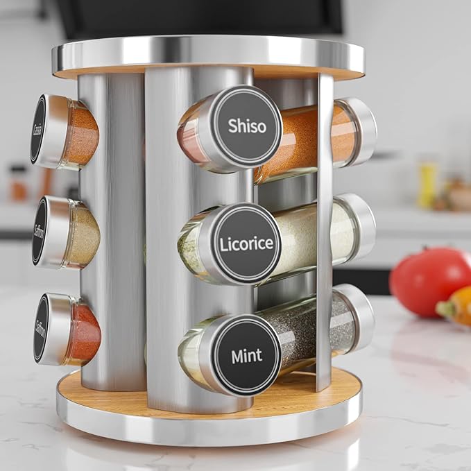 New England Stories Revolving Spice Rack Set with 12 Spice Jars, Kitchen Spice Tower Organizer for Countertop or Cabinet - Carousel Storage Includes 386 Spice Labels