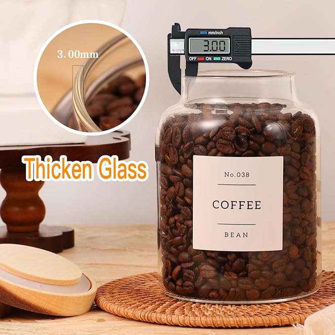 High Borosilicate Glass Jar with Airtight Acacia Lid and 132 Kitchen Panty Labels Preprinted - 43 Fl Oz Thicken Glass Food Storage Container Canister for Coffee Bean, Candy, Cookie, Tea, Sugar