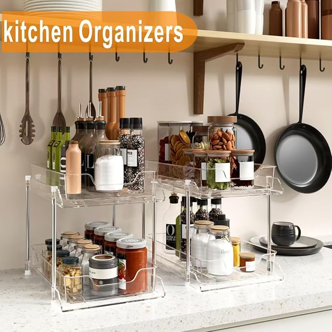JLKDQ 2 Pack Bathroom Under Sink Organizers and Storage, 2-Tier Pull Out Medicine Cabinet Organizing- Kitchen, Pantry, Medicine Storage Bins, Vanity Makeup.(Clear,10.63" L x 8.0" W x 8.46" H).