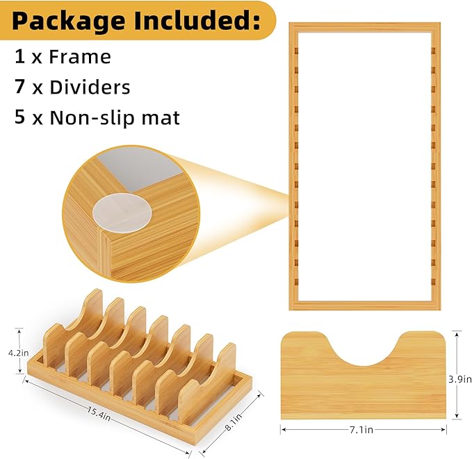 Bamboo Pot Lid Organizer Pot Lid Holder, Pot and Pan Organizer Drawer Organizer for Pot Lids, Pans, Cutting Boards & Baking Sheets, Dinner Plates, Reusable Containers in Cabinet Storage