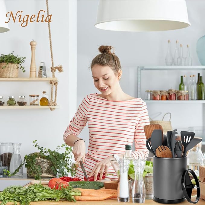 Extra Large Kitchen Utensil Holder - 360° Rotating Stainless Steel Cooking Utensil Holder for Countertop, 3 Compartment Flatware Organizer & Utensil Caddy with Removable Base(Grey)