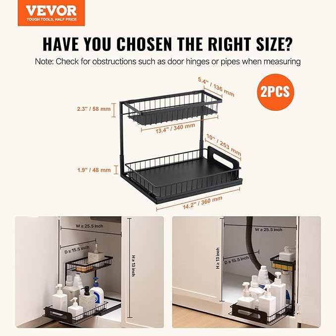 VEVOR 2 Tier Pull Out Cabinet Organizer(10.7"W x 14.2"D ), Under Sink Organizer and Storage, Slide Out Drawer Cabinet Organizer, Wire Basket Sliding Shelf for Kitchen Bathroom Cabinet, Black (2 Pack)