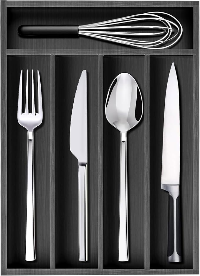 Wooden Kitchen Utensil Drawer Organizers Cutlery Tray 14"x10" Wood Silverware Organizer Black Cutlery Flatware Organizers Divider Bamboo Utensil Tray Silverware Holder for Drawers Spoon Fork Organizer