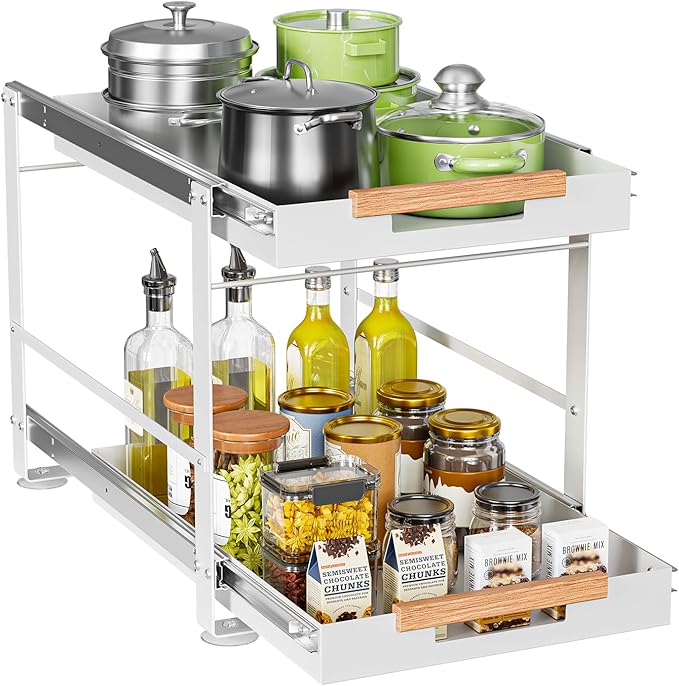 Under Sink Organizer, Pull Out Cabinet Organizer 2 Tier Slide Out Sink Shelf Cabinet Storage Metal Shelves, Sliding Under Sink Storage for Kitchen Bathroom Laundry Cabinet, Grey, 1 Pack (White)