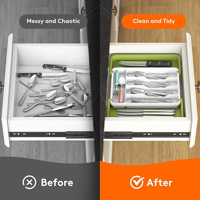 Lifewit Silverware Drawer Organizer, Expandable BPA Free Utensil Tray for Kitchen, Adjustable Flatware and Cutlery Holder for Spoons Forks Knives, Plastic Kitchen Organizers and Storage, Green&White