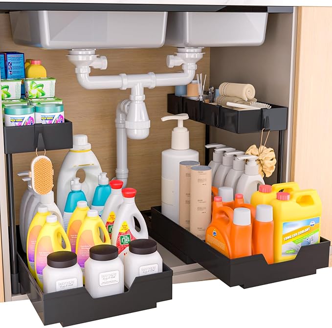 NATURE'S SOURCE 2-Tier Under Sink Organizer L-Shape Pull Out Cabinet Organizers Narrow Space Sink Shelf Storage Shelves Multi-purpose Organization Drawer for Bathroom Kitchen Pantry, 15.5 Inch, Black