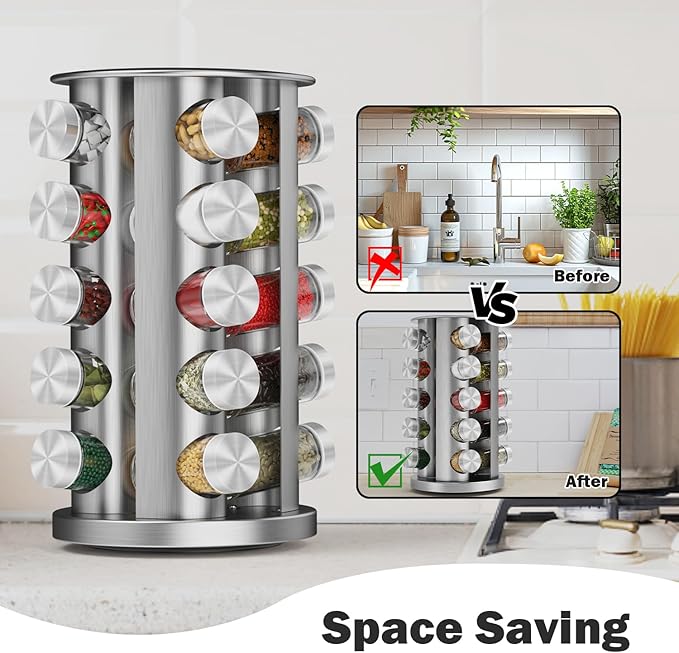 Rotating Spice Rack Organizer, Spice Tower for Countertop, Revolving Spice Rack Set for Cabinet, Silver Steel Kitchen Seasoning Organizer with 20 Jars and Funnel