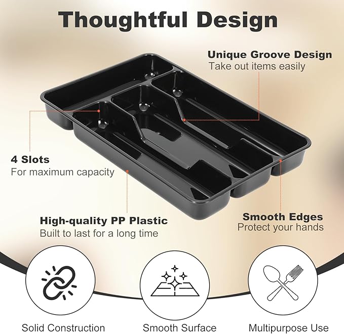 Silverware Drawer Organizer Tray,Mini Classic Organizer for Kitchen Drawers, Utensil Tray and Cutlery Silverware Holder Plastic Drawer Dividers with 4 Slots Multipurpose for Forks, Knives
