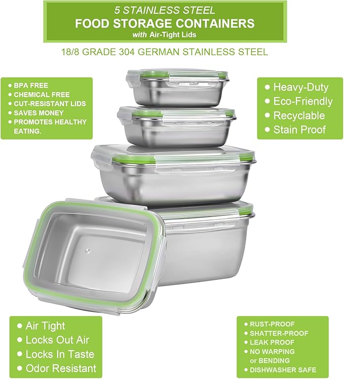 UPTRUST Stainless Stainless Steel Food Storage Containers | Leak Proof & Airtight Lids | Set of 5 Containers BPA Free that are Dishwasher & Freezer Safe, Green
